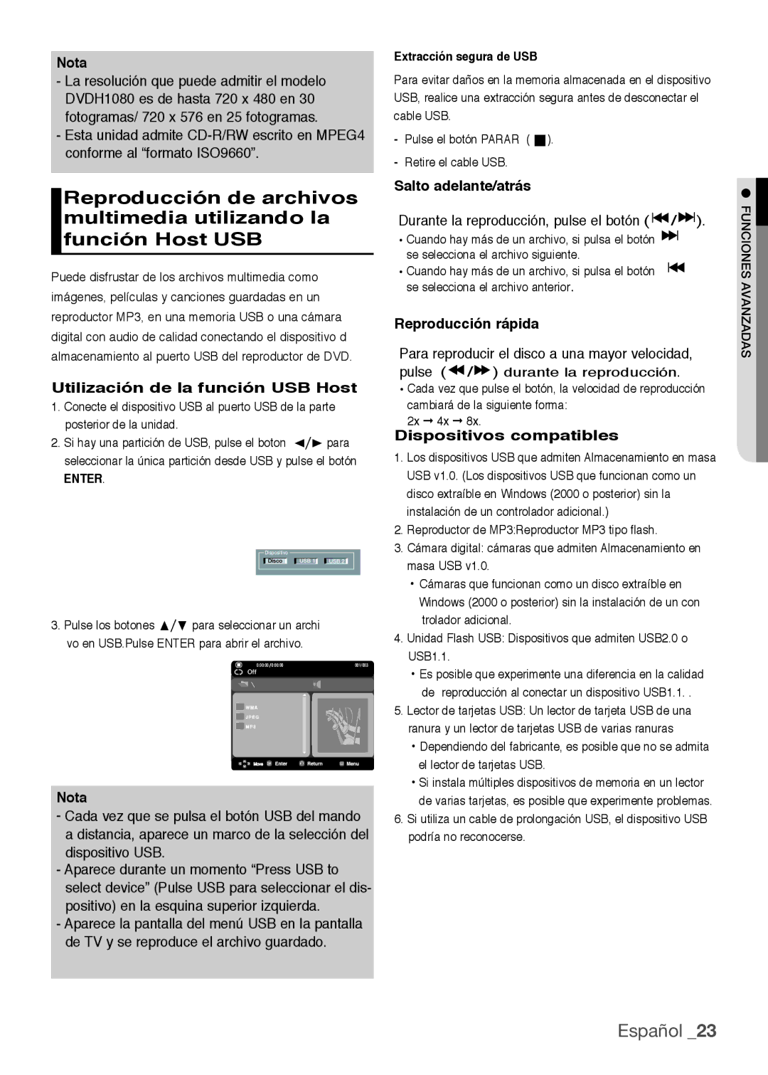 Samsung DVD-H1080/XEC, DVD-H1080R/XEC manual Utilización de la función USB Host, Salto adelante/atrás, Reproducción rápida 